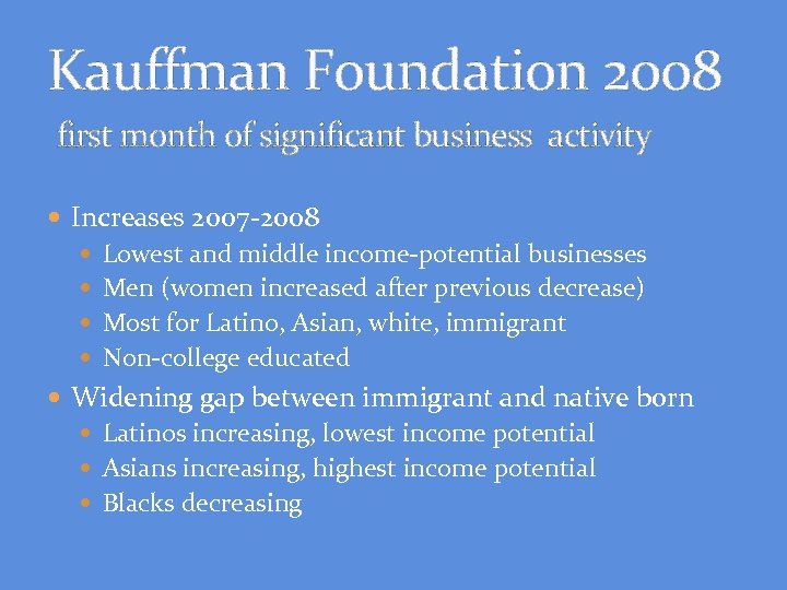 Kauffman Foundation 2008 first month of significant business activity Increases 2007 -2008 Lowest and