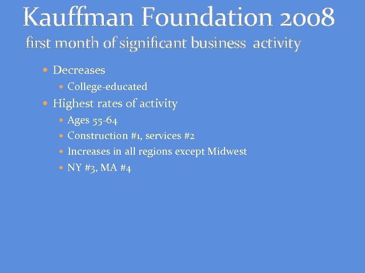 Kauffman Foundation 2008 first month of significant business activity Decreases College-educated Highest rates of