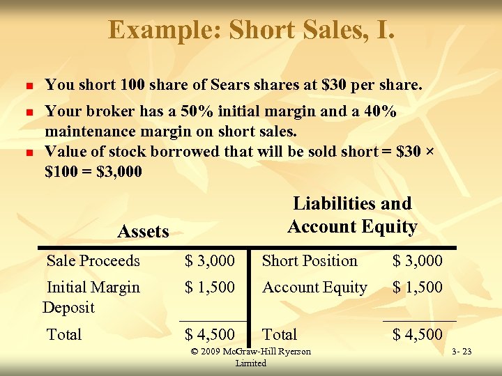 Example: Short Sales, I. n n n You short 100 share of Sears shares