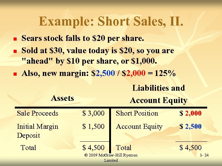 Example: Short Sales, II. n n n Sears stock falls to $20 per share.