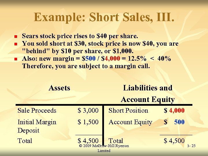 Example: Short Sales, III. n n n Sears stock price rises to $40 per