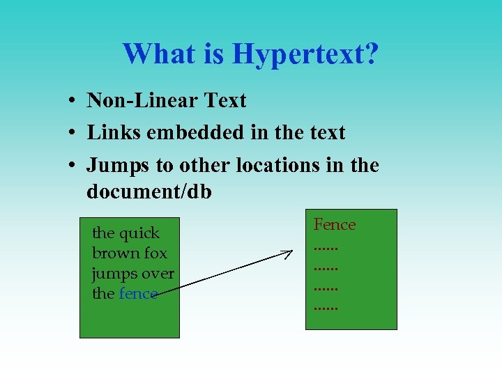What is Hypertext? • Non-Linear Text • Links embedded in the text • Jumps