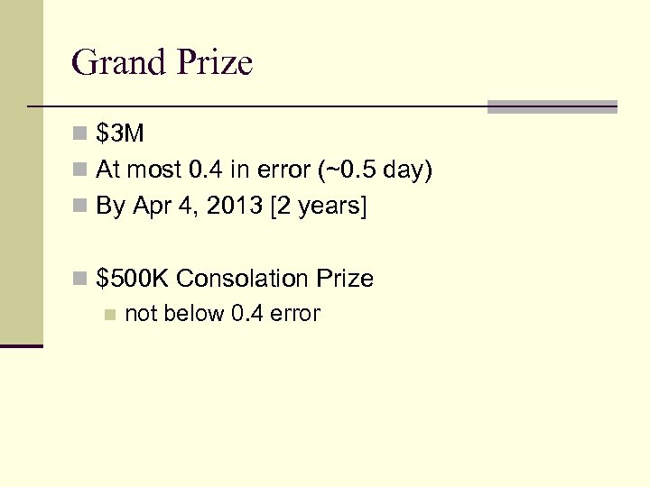 Grand Prize n $3 M n At most 0. 4 in error (~0. 5