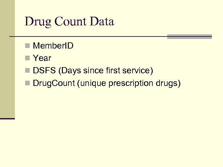 Drug Count Data n Member. ID n Year n DSFS (Days since first service)