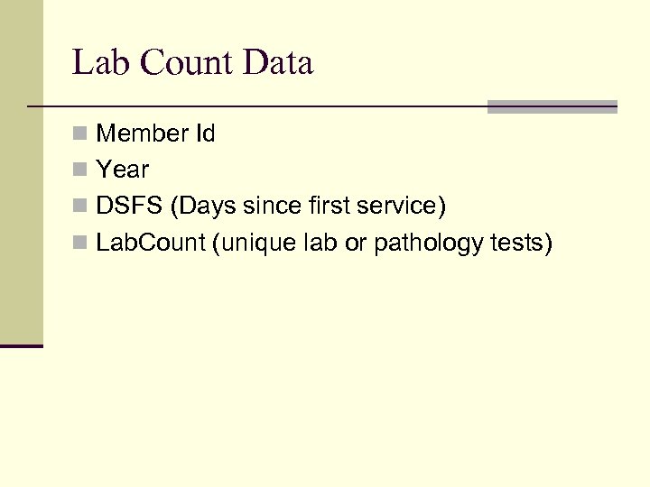 Lab Count Data n Member Id n Year n DSFS (Days since first service)