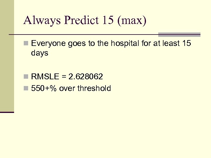 Always Predict 15 (max) n Everyone goes to the hospital for at least 15