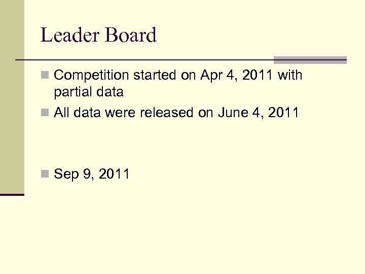 Leader Board n Competition started on Apr 4, 2011 with partial data n All