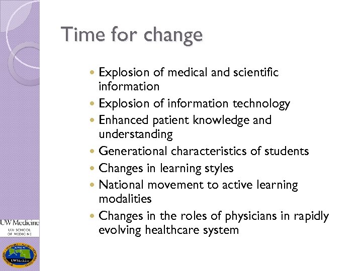 Time for change Explosion of medical and scientific information Explosion of information technology Enhanced