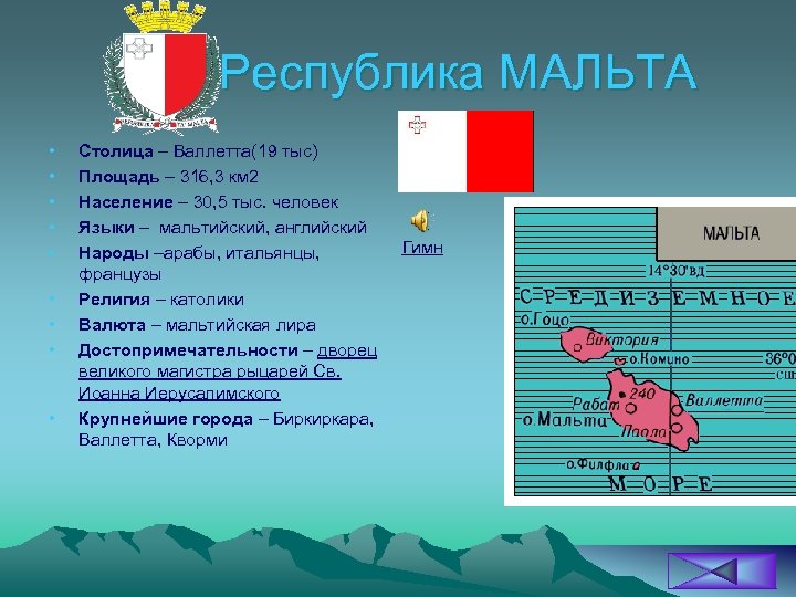 Республика МАЛЬТА • • • Столица – Валлетта(19 тыс) Площадь – 316, 3 км
