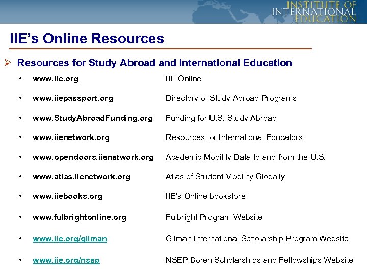 IIE’s Online Resources Ø Resources for Study Abroad and International Education • www. iie.