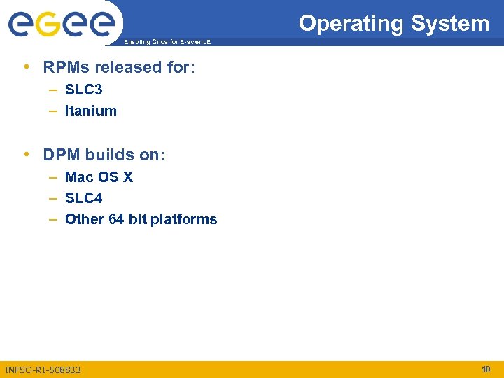 Operating System Enabling Grids for E-scienc. E • RPMs released for: – SLC 3