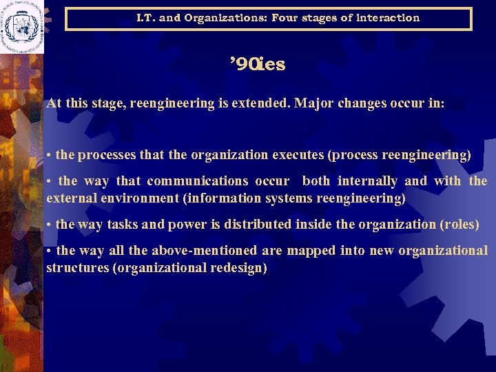 I. T. and Organizations: Four stages of interaction ’ 90 ies At this stage,