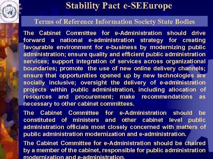 Stability Pact e-SEEurope Terms of Reference Information Society State Bodies The Cabinet Committee for