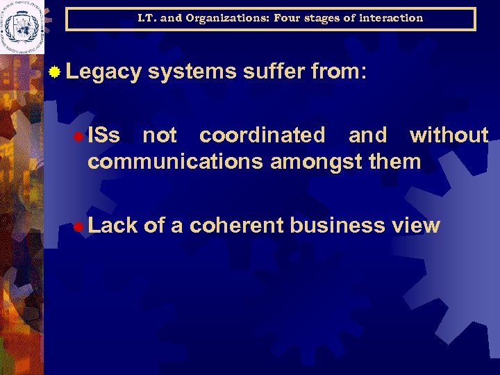 I. T. and Organizations: Four stages of interaction ® Legacy systems suffer from: ®