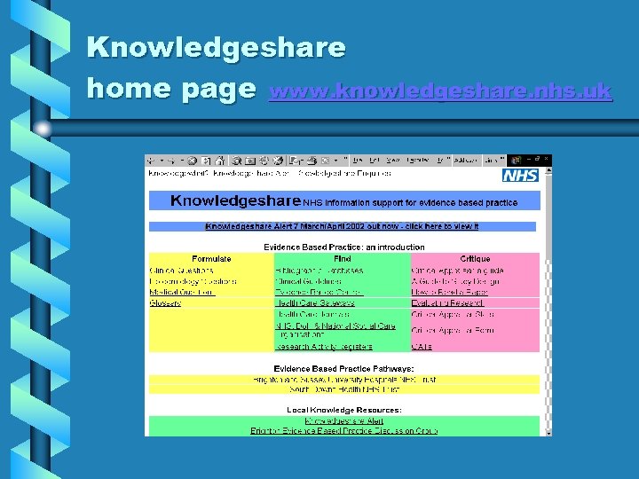 Knowledgeshare home page www. knowledgeshare. nhs. uk 