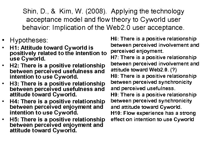 Shin, D. , & Kim, W. (2008). Applying the technology acceptance model and flow