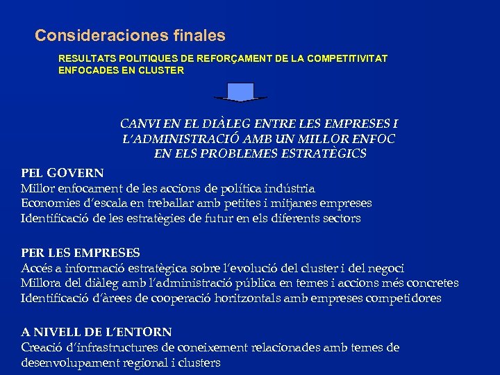 Consideraciones finales RESULTATS POLITIQUES DE REFORÇAMENT DE LA COMPETITIVITAT ENFOCADES EN CLUSTER CANVI EN