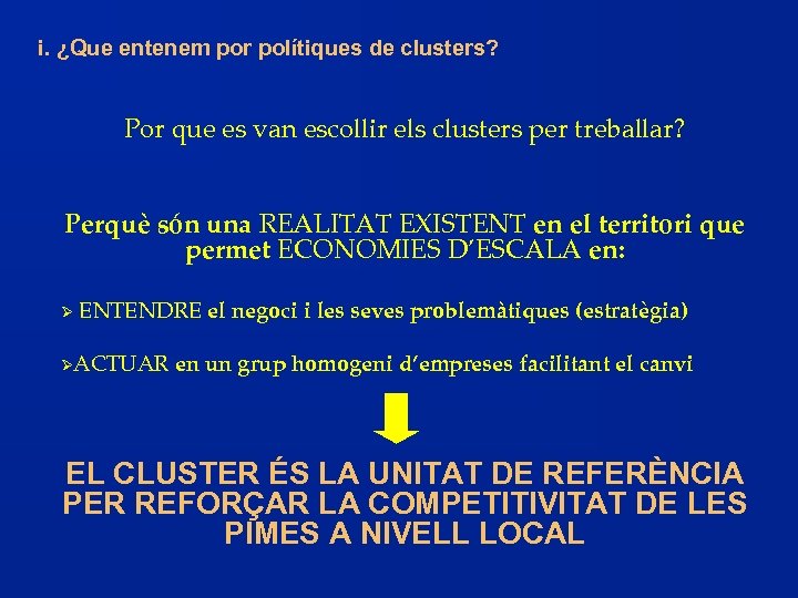 i. ¿Que entenem por polítiques de clusters? Por que es van escollir els clusters