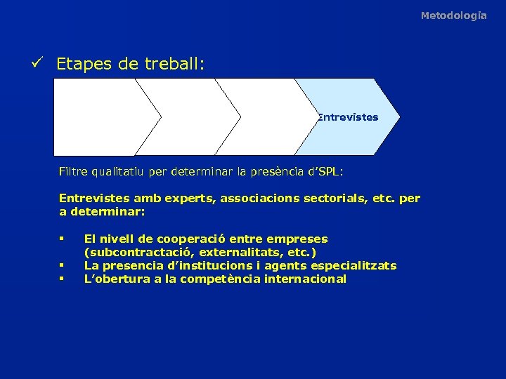 Metodologia ü Etapes de treball: Entrevistes Filtre qualitatiu per determinar la presència d’SPL: Entrevistes