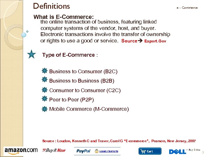 Definitions e - Commerce What is E-Commerce: the online transaction of business, featuring linked