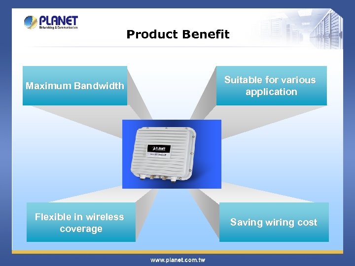 Product Benefit Maximum Bandwidth Suitable for various application Flexible in wireless coverage Saving wiring