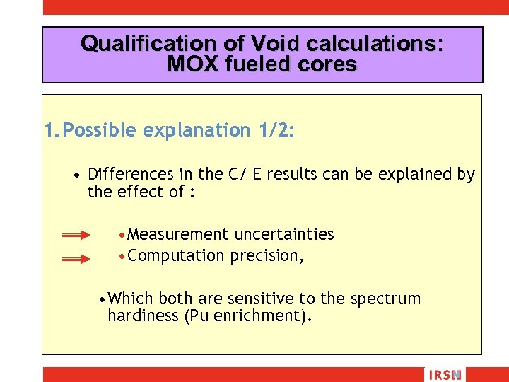 Qualification of Void calculations: MOX fueled cores 1. Possible explanation 1/2: • Differences in