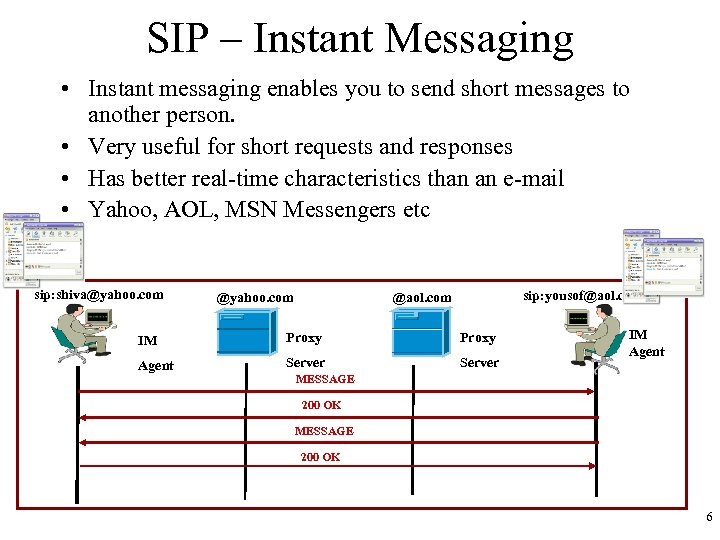 SIP – Instant Messaging • Instant messaging enables you to send short messages to