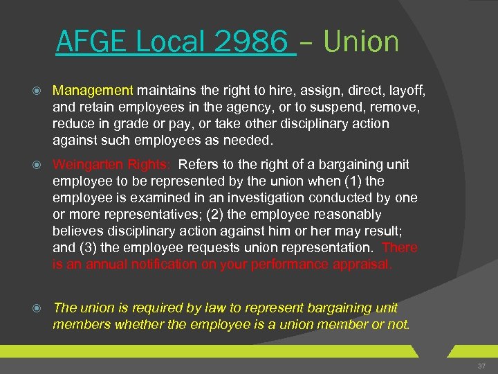 AFGE Local 2986 – Union Management maintains the right to hire, assign, direct, layoff,