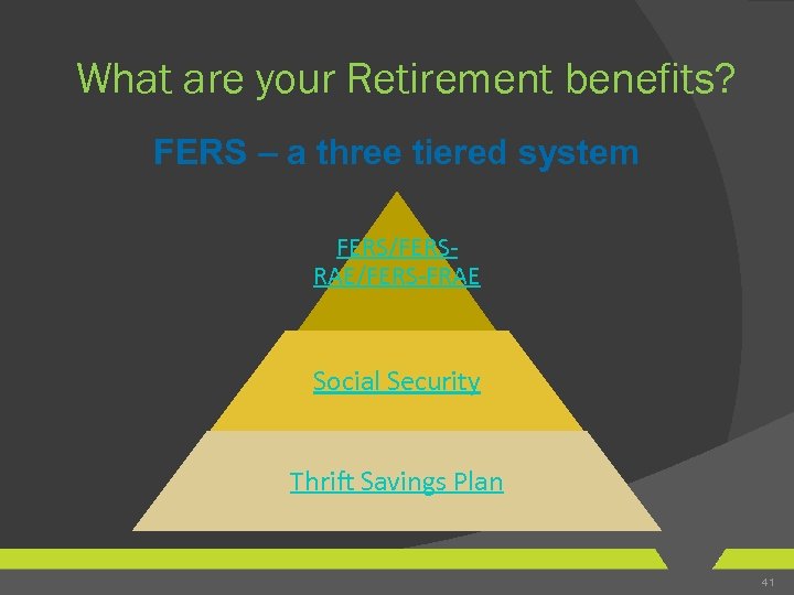 What are your Retirement benefits? FERS – a three tiered system FERS/FERSRAE/FERS-FRAE Social Security