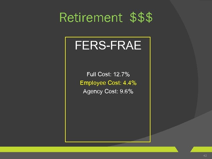 Retirement $$$ FERS-FRAE Full Cost: 12. 7% Employee Cost: 4. 4% Agency Cost: 9.