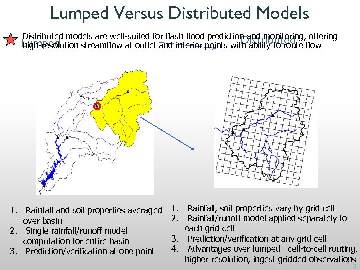 Lumped Versus Distributed Models Distributed models are well-suited for flash flood prediction and monitoring,