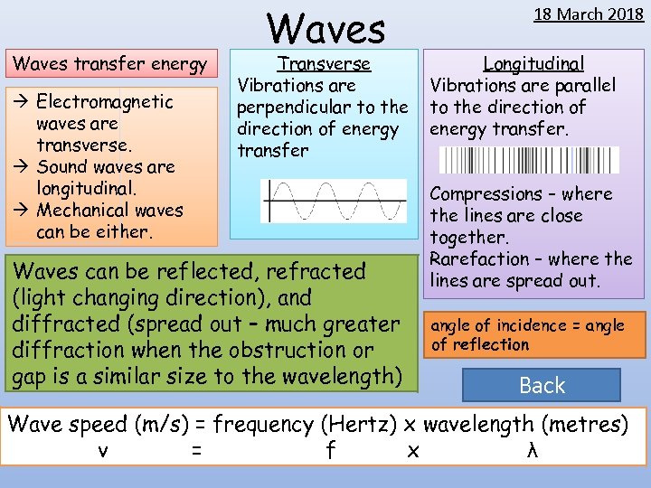 Waves transfer energy Electromagnetic waves are transverse. Sound waves are longitudinal. Mechanical waves can