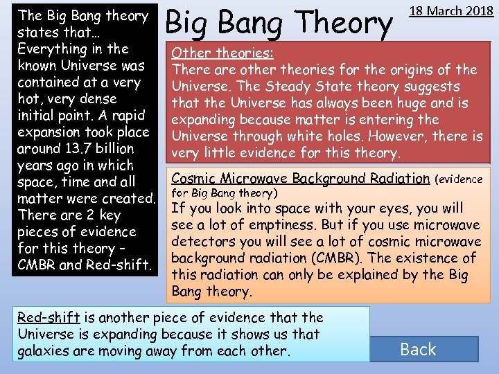 The Big Bang theory states that… Everything in the known Universe was contained at