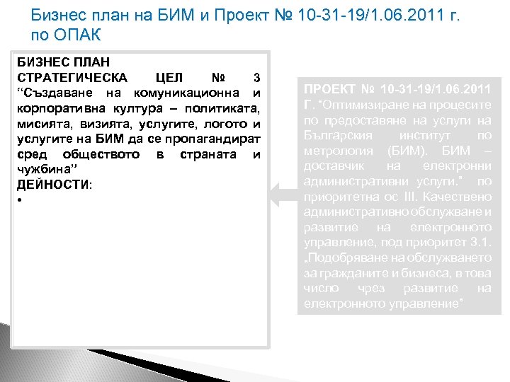 Бизнес план на БИМ и Проект № 10 -31 -19/1. 06. 2011 г. по
