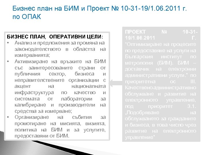 Бизнес план на БИМ и Проект № 10 -31 -19/1. 06. 2011 г. по