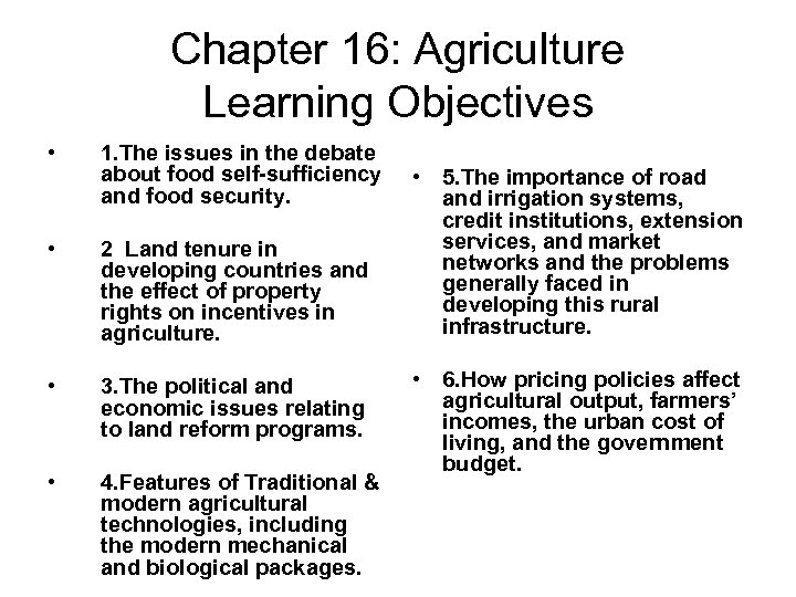 Chapter 16: Agriculture Learning Objectives • 1. The issues in the debate about food