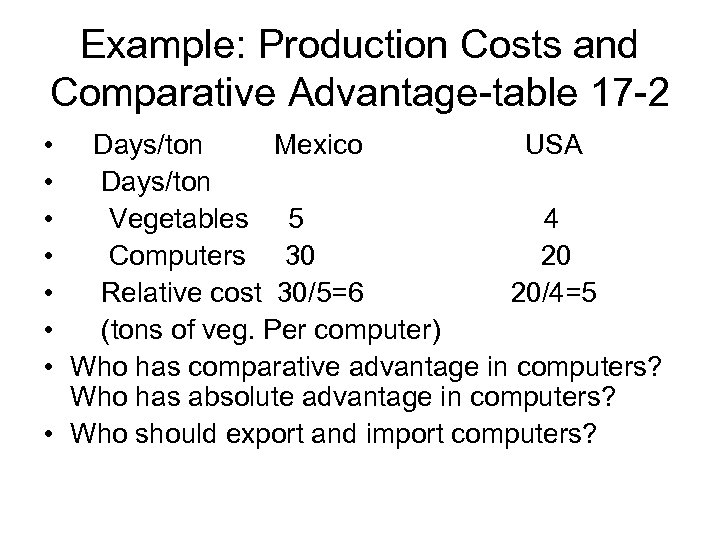 Example: Production Costs and Comparative Advantage-table 17 -2 • Days/ton Mexico USA • Days/ton