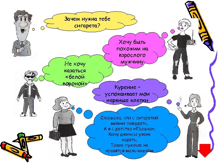 Зачем нужна тебе сигарета? Не хочу казаться «белой вороной» Хочу быть похожим на взрослого