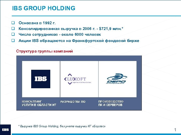 IBS GROUP HOLDING q Основана в 1992 г. q Консолидированная выручка в 2006 г.