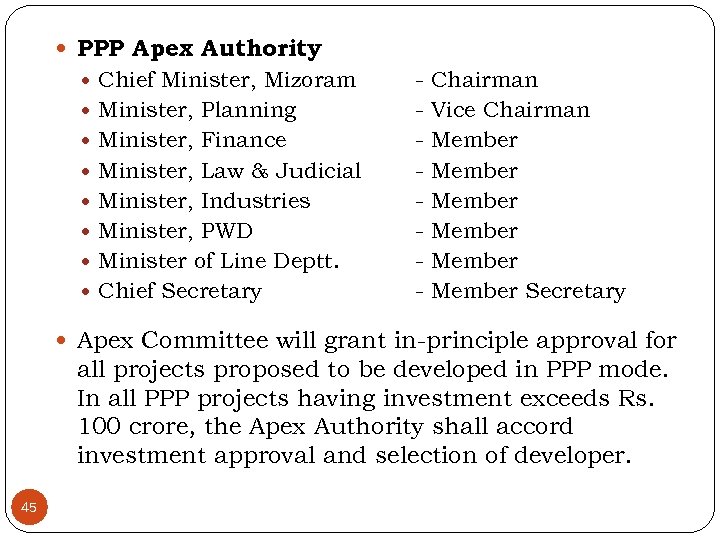  PPP Apex Authority Chief Minister, Mizoram Minister, Planning Minister, Finance Minister, Law &