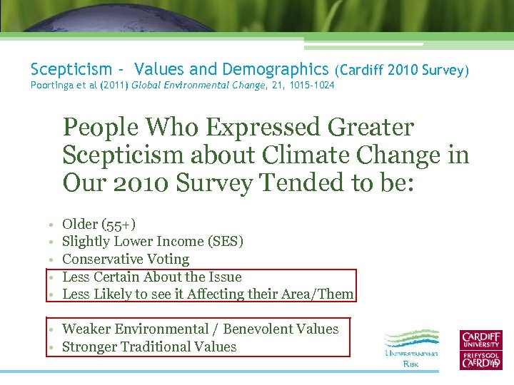 Scepticism - Values and Demographics (Cardiff 2010 Survey) Poortinga et al (2011) Global Environmental