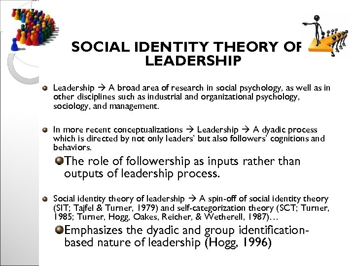 SOCIAL IDENTITY THEORY OF LEADERSHIP Leadership A broad area of research in social psychology,