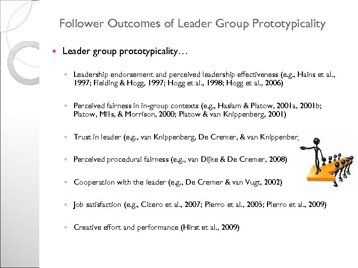 Follower Outcomes of Leader Group Prototypicality Leader group prototypicality… ◦ Leadership endorsement and perceived