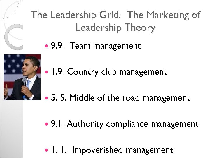 The Leadership Grid: The Marketing of Leadership Theory 9. 9. 1. 9. 5. Country