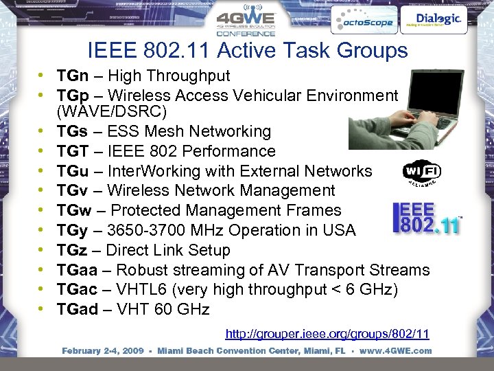 IEEE 802. 11 Active Task Groups • TGn – High Throughput • TGp –