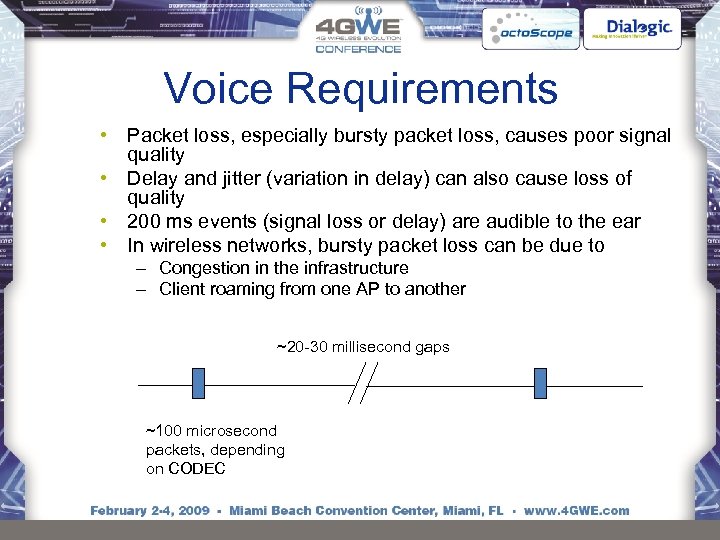 Voice Requirements • Packet loss, especially bursty packet loss, causes poor signal quality •