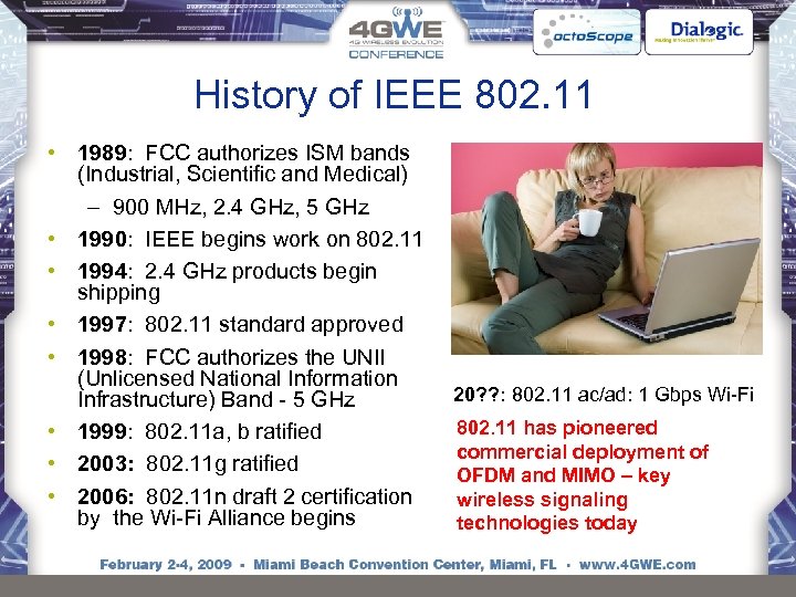 History of IEEE 802. 11 • 1989: FCC authorizes ISM bands (Industrial, Scientific and