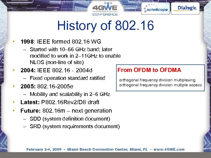 History of 802. 16 • 1998: IEEE formed 802. 16 WG – Started with