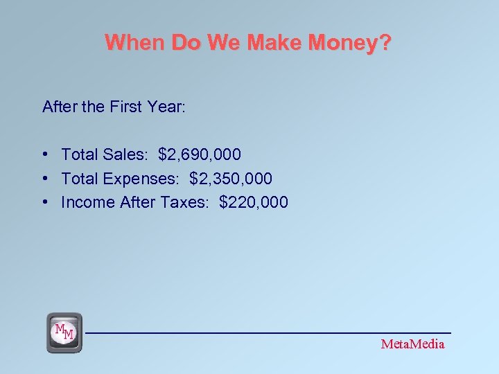 When Do We Make Money? After the First Year: • Total Sales: $2, 690,