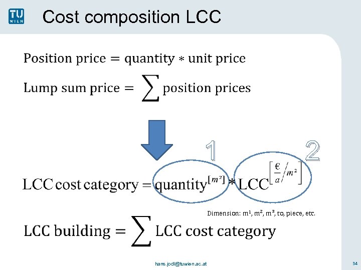 Cost composition LCC 1 2 Dimension: m 1, m², m³, to, piece, etc. hans.
